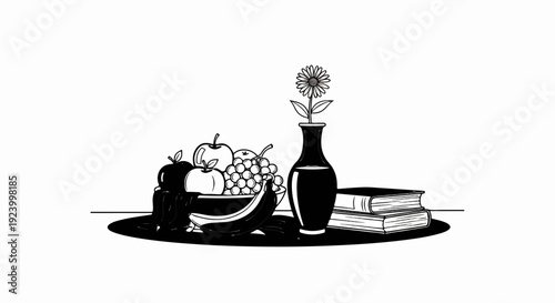 Still life of fruit, a vase with a single flower, and stacked books