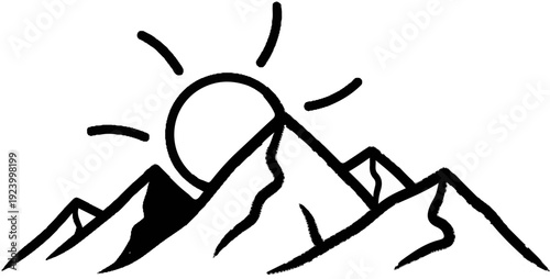 Stylized depiction of a sun rising over jagged mountain peaks