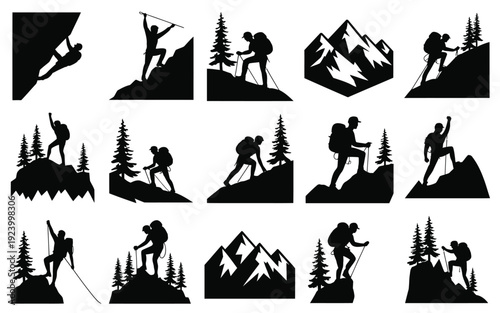 Hikers climbing mountains with backpacks and trekking poles in various poses and scenery with pine trees