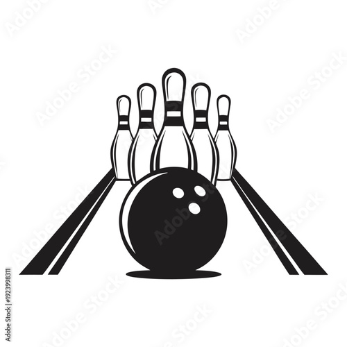 Monochrome bowling ball is about to strike bowling pins with linear splash effect