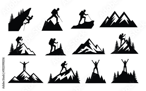 Hikers and mountain silhouettes in various poses on peaks with trees adventure and exploration concepts