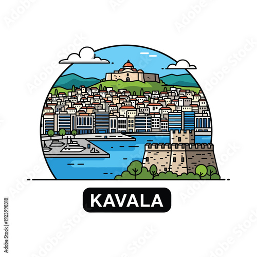 Cityscape illustration of Kavala with historic buildings and waterfront, showcasing architecture and travel