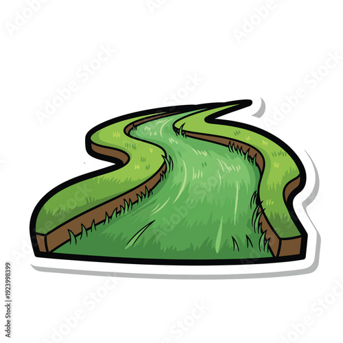 A winding path through a lush green landscape, viewed from above, in a serene environment, illustrated in a graphic style