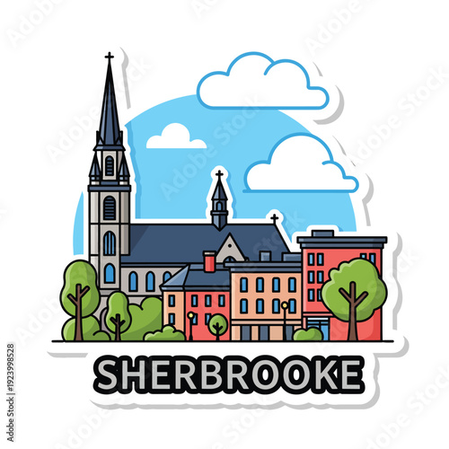 Illustration of Sherbrooke cityscape with church steeple and buildings under a cloudy sky viewed from a distance incorporating whisk concept naturally