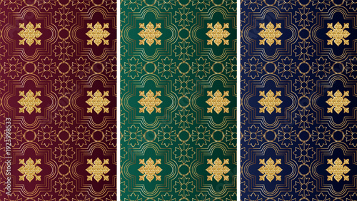 Luxury gold geometric seamless pattern set with glitter elements, elegant moroccan trellis ornament in burgundy emerald and navy blue, royal arabic vector for premium decor and packaging