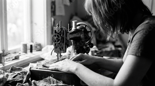 Wallpaper Mural Focused Seamstress Operating Vintage Sewing Machine in Workshop Torontodigital.ca