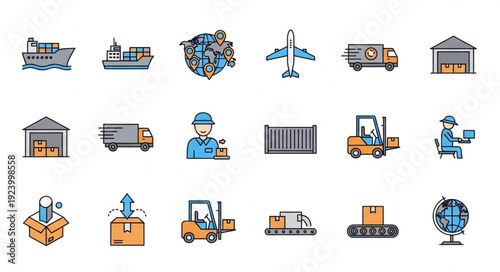 Set of logistics and shipping icons in flat design style.