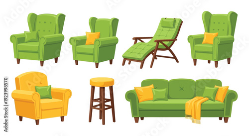 Colorful cartoon furniture set including armchairs sofas and stools