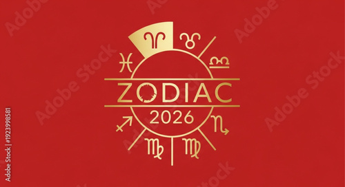 Zodiac 2026 Astrology Symbols Crown Red Background.