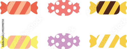 Colorful wrapped candy assortment with striped and polka dot patterns sweet confectionery cartoon vector illustration set
