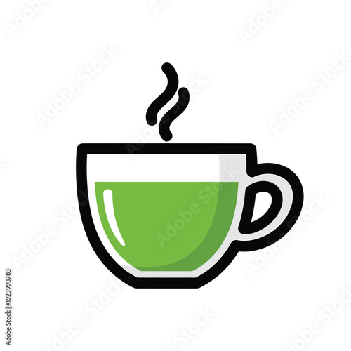 Vector illustration of a steaming green tea cup with a white background viewed from the front