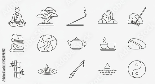 Zen meditation symbols and elements line art collection.