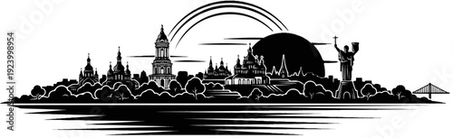 Stylized black and white skyline with domes, statue, bridge, and sun