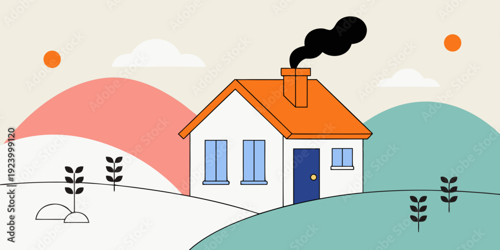 Fototapeta premium House with Chimney Smoke Eco Concept Vector Illustration