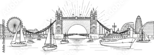 Stylized black and white skyline with iconic bridge and Ferris wheel