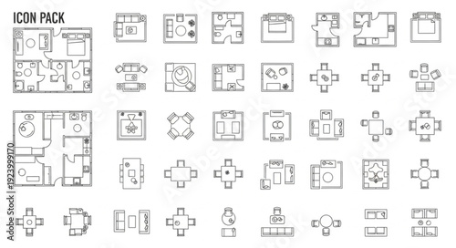 Icon pack of architectural floor plans for various building designs and layouts.