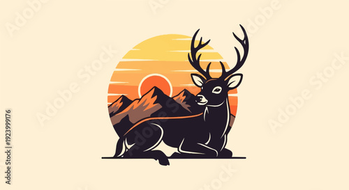 Stylized deer rests before a sunset behind mountains