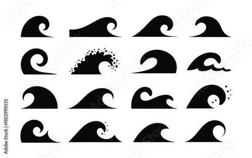 Collection of various wave graphics and icons in different styles and shapes on white background