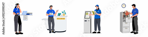 Customer Service and Support Roles Illustration Set: Call Center, Help Desk, Self-Service Kiosk, and Administrative Tasks for Business Operations