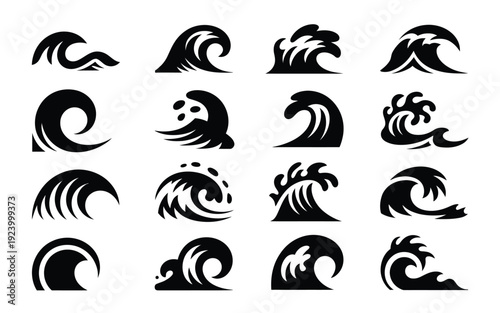 Collection of 15 unique wave icons in black silhouette on white background for design and decoration