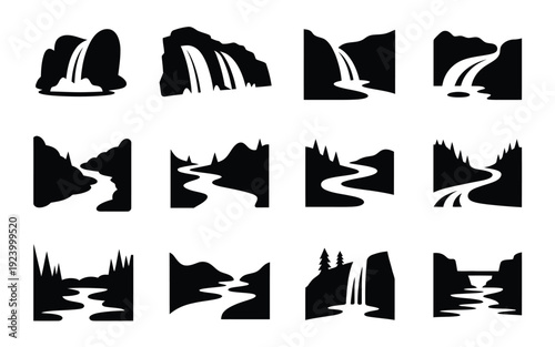 Collection of black silhouette icons depicting various waterfall scenes mountains and rivers in different landscapes