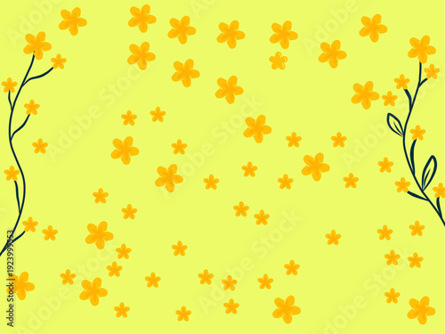 Hand drawn image of a flower with a blue stem. Illustration of a box frame with flower stems.