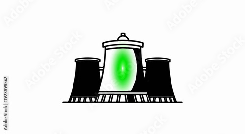 Stylized cooling towers with a glowing central reactor core