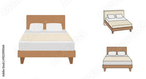 Three different beds with wooden frames and various bedding arrangements for home decor.
