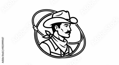 Stylized cowboy portrait with lasso in black and white