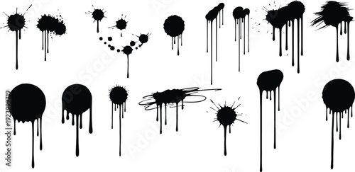 Set of black paint splashes with dripping effects. Grunge ink splatter stains isolated on white background. Bold urban elements for graffiti, posters, and graphic design. 
