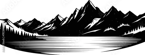 Stylized black and white mountain range reflected in a serene lake