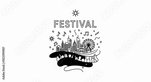 Stylized cityscape with festival elements, celebrating a lively event