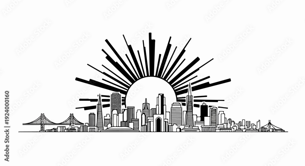 Naklejka premium Stylized city skyline with a radiant sunburst behind the skyscrapers