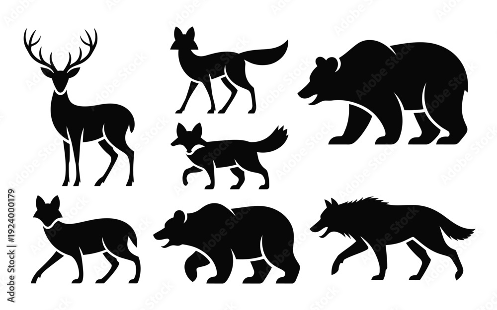 Obraz premium Silhouettes of forest animals including deer bear wolf and fox walking in various directions on white background