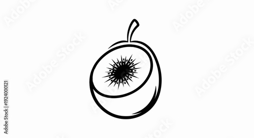 Stylized black and white outline drawing of a halved kiwi