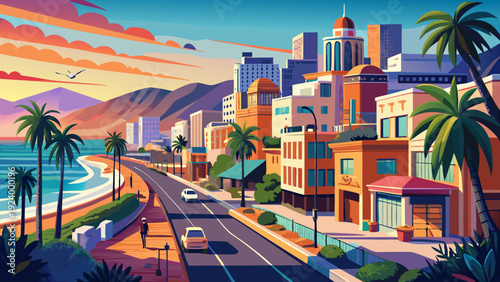 Very beautiful picturesque urban view of Santa Monica in Los Angeles featuring coastal streets, palm trees, and relaxed California atmosphere under radiant seaside light.
