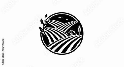 Stylized circular farm scene with fields, barn, wheat, and foliage