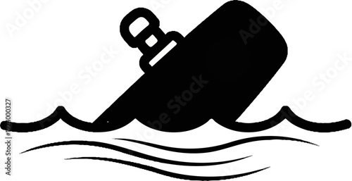Stylized black icon of a sinking ship in rough waves