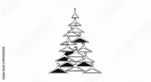 Stylized Christmas tree formed by stacked black and white clothing hangers