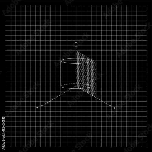3D Geometric Shapes Wireframe On Blueprint Grid In XYZ Coordinate System. Simple Black And White Futuristic Background