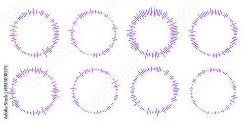 Circle audio waves or Circular music sound equalizer frames with gradient neon. Audio beat symbol concept isolated on white background