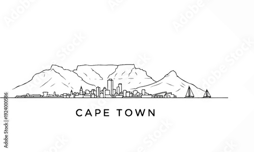 Stylized black line drawing of a coastal city skyline with mountains and sailboats