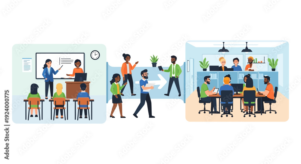 Fototapeta premium Business Education and Workplace Workflow: Training, Collaboration, and Professional Development Processes Vector Illustration