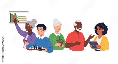 Active & Diverse Senior Group Engaging in Hobbies: Reading, Chess, Gardening, Conversation & Digital Learning. Elderly Wellbeing & Retirement Life.