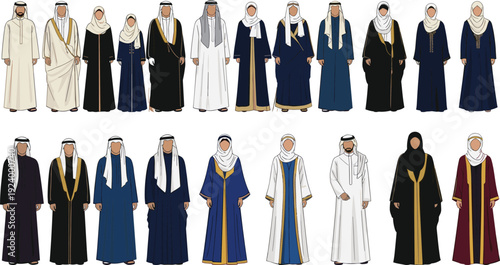Arab traditional clothing vector set, Muslim men women abaya thobe hijab illustration, Middle Eastern fashion characters, Islamic culture costume collection