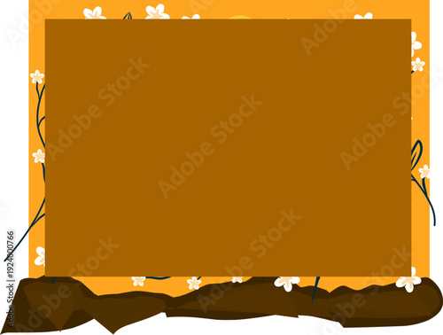 Hand drawn image of a flower with a blue stem. Illustration of a box frame with flower stems.