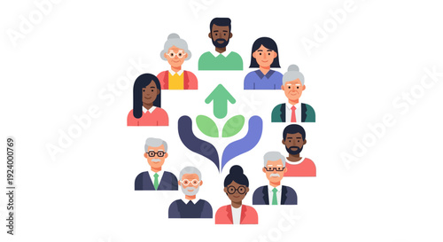 Diverse Community Support and Growth: People of All Ages United by Care and Progress - Flat Design Vector Illustration