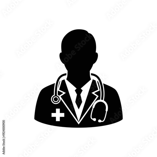 Doctor silhouette with stethoscope around neck.
