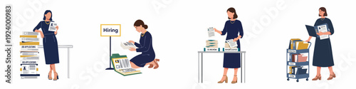 An illustration of the recruitment and hiring process, showing a woman sorting job applications, reviewing resumes, and organizing administrative files in a corporate setting.