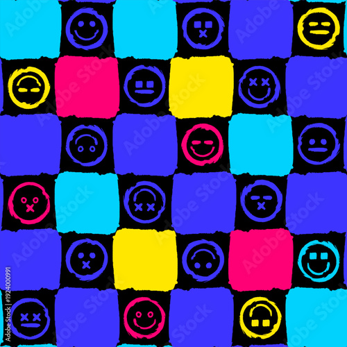 Bright colorful seamless grunge pattern featuring abstract shapes, waves, doodles, scribbles, geometric elements and smiles